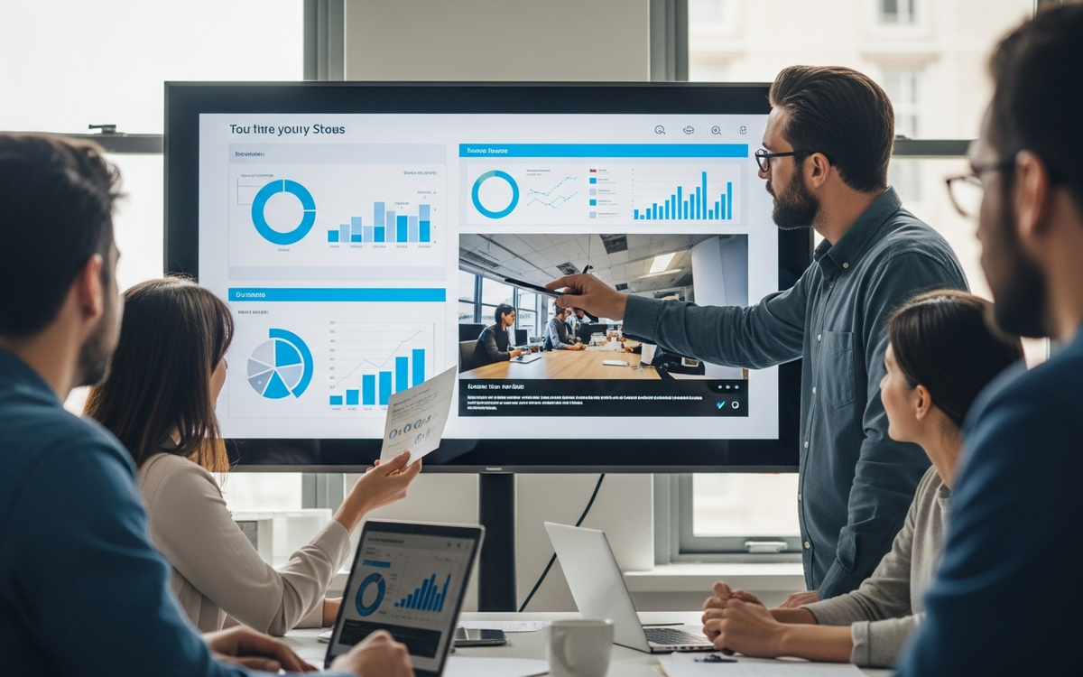 Mitarbeiter sehen Präsentation mit Grafiken und Videos