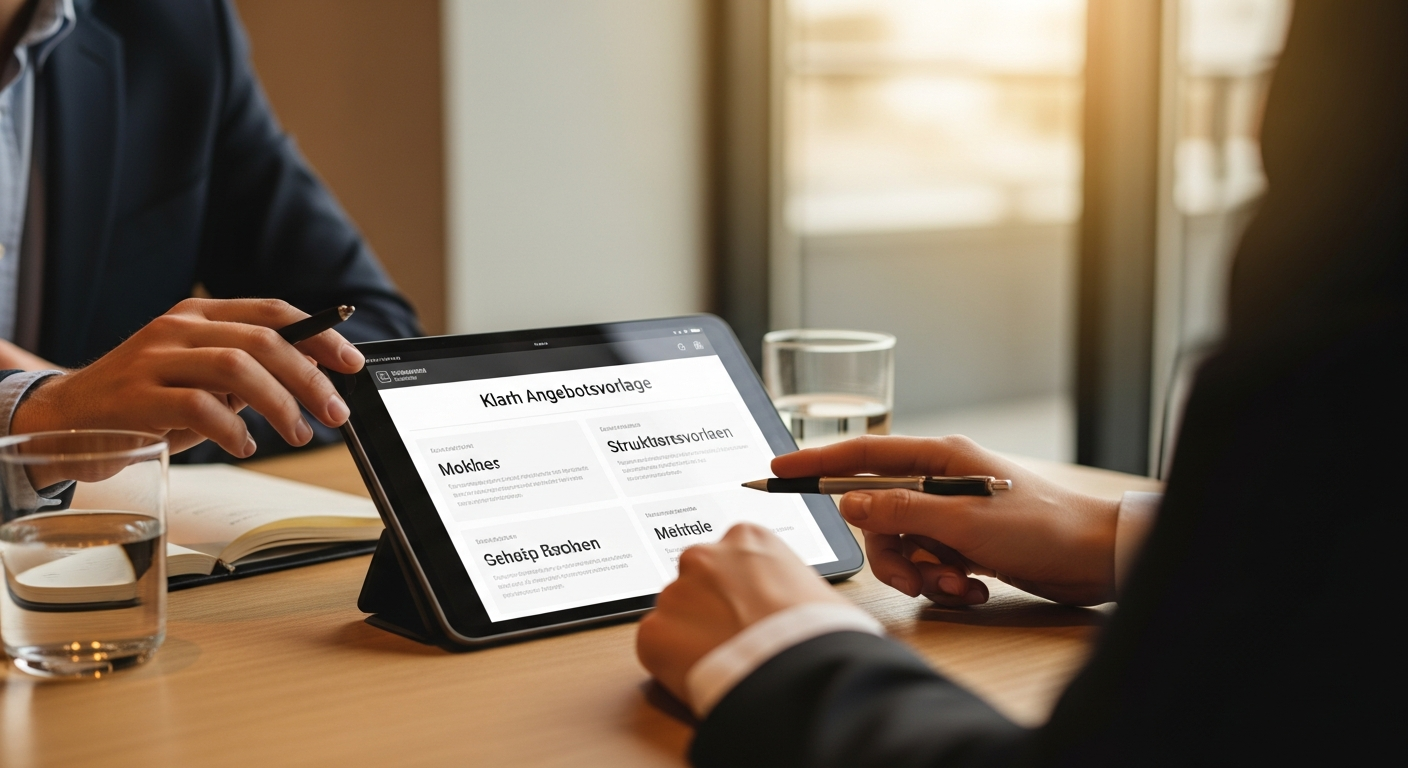 Business Meeting mit Tablet-Display und Angebotsvorlage