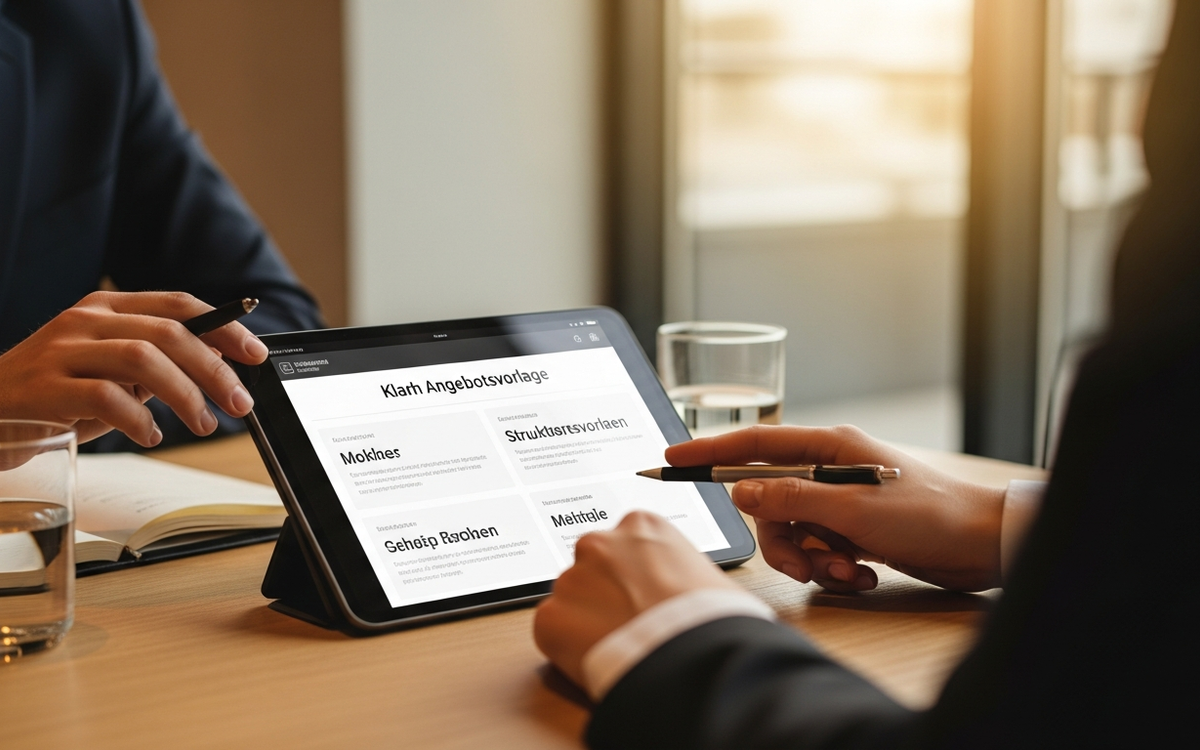 Business Meeting mit Tablet-Display und Angebotsvorlage