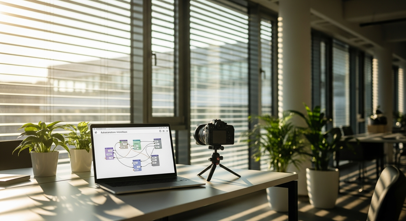 Minimalistisches Büro im Sommer mit Laptop, der einen Automatisierungs-Workflow zeigt, und einer professionellen Kamera