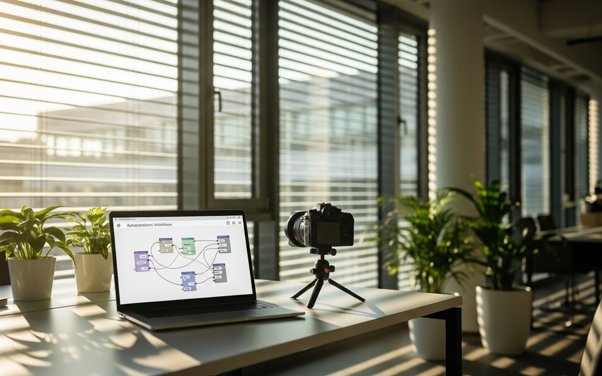 Minimalistisches Büro im Sommer mit Laptop, der einen Automatisierungs-Workflow zeigt, und einer professionellen Kamera