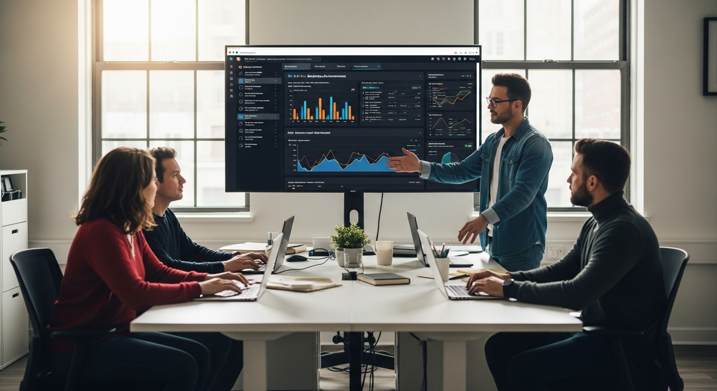 Winterliche Bueroszene mit Mitarbeitern, die an Marketing-Automatisierungs-Dashboards arbeiten.