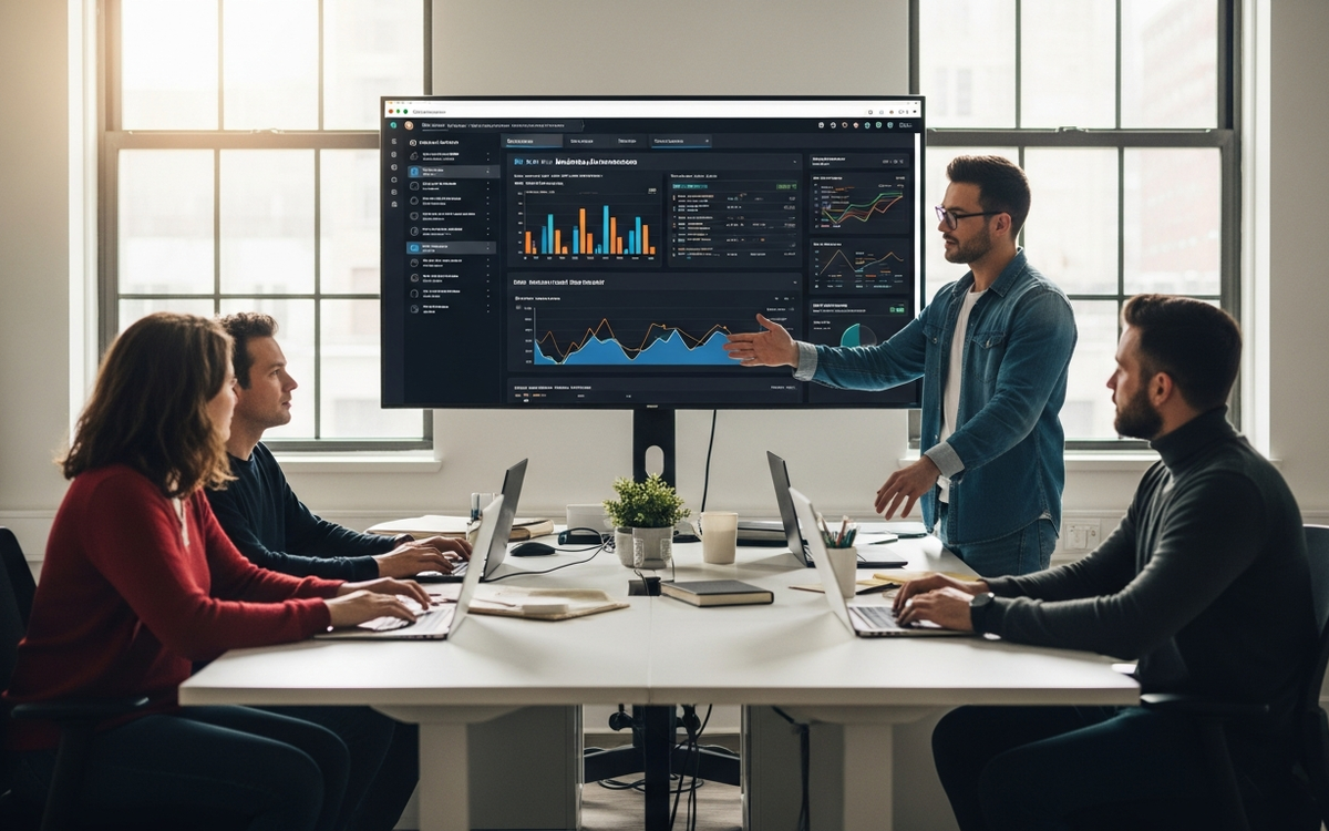 Winterliche Bueroszene mit Mitarbeitern, die an Marketing-Automatisierungs-Dashboards arbeiten.