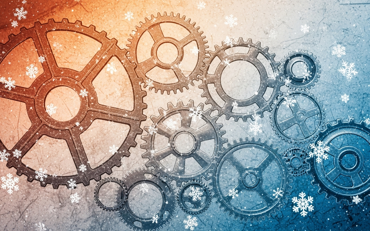 Abstraktes Bild von Zahnrädern und Schneeflocken, die Automatisierung und Winterzeit symbolisieren.