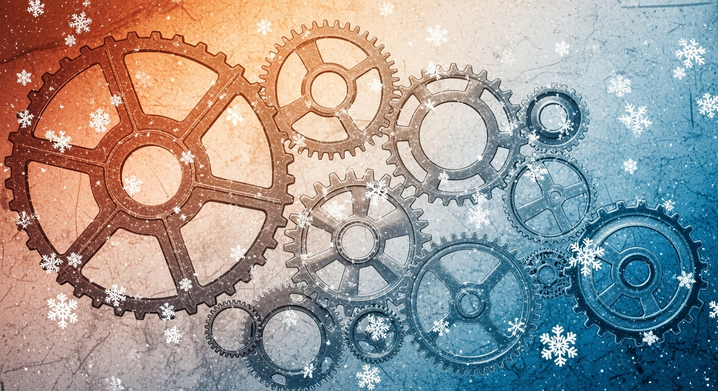 Abstraktes Bild von Zahnrädern und Schneeflocken, die Automatisierung und Winterzeit symbolisieren.