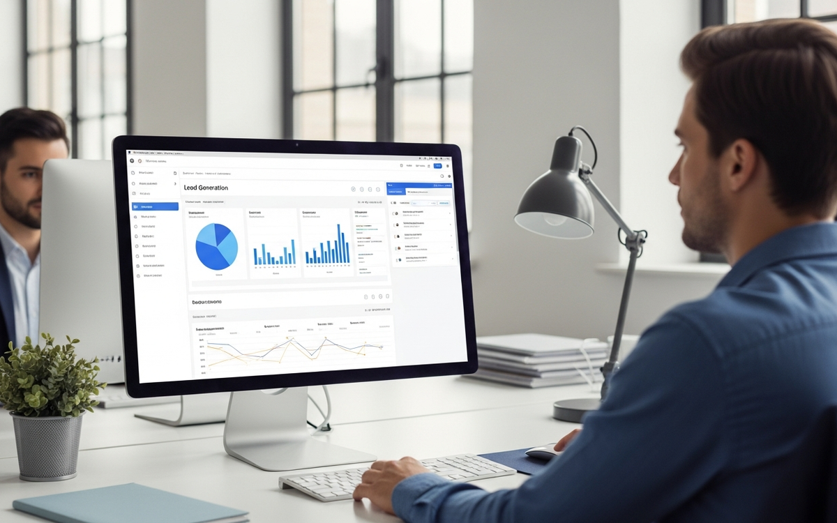 Modernes Büro mit Leadgenerierungs-Dashboard auf einem Computerbildschirm