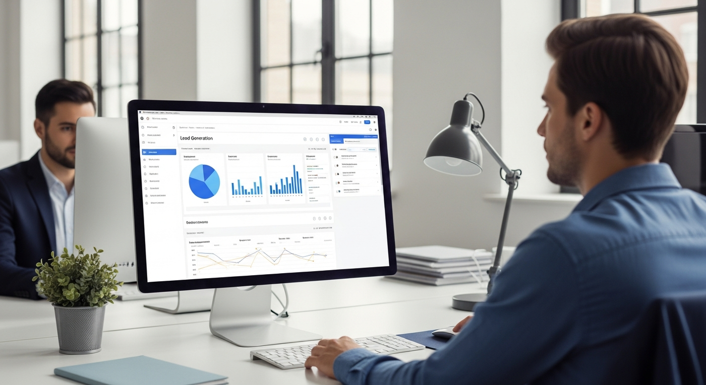Modernes Büro mit Leadgenerierungs-Dashboard auf einem Computerbildschirm