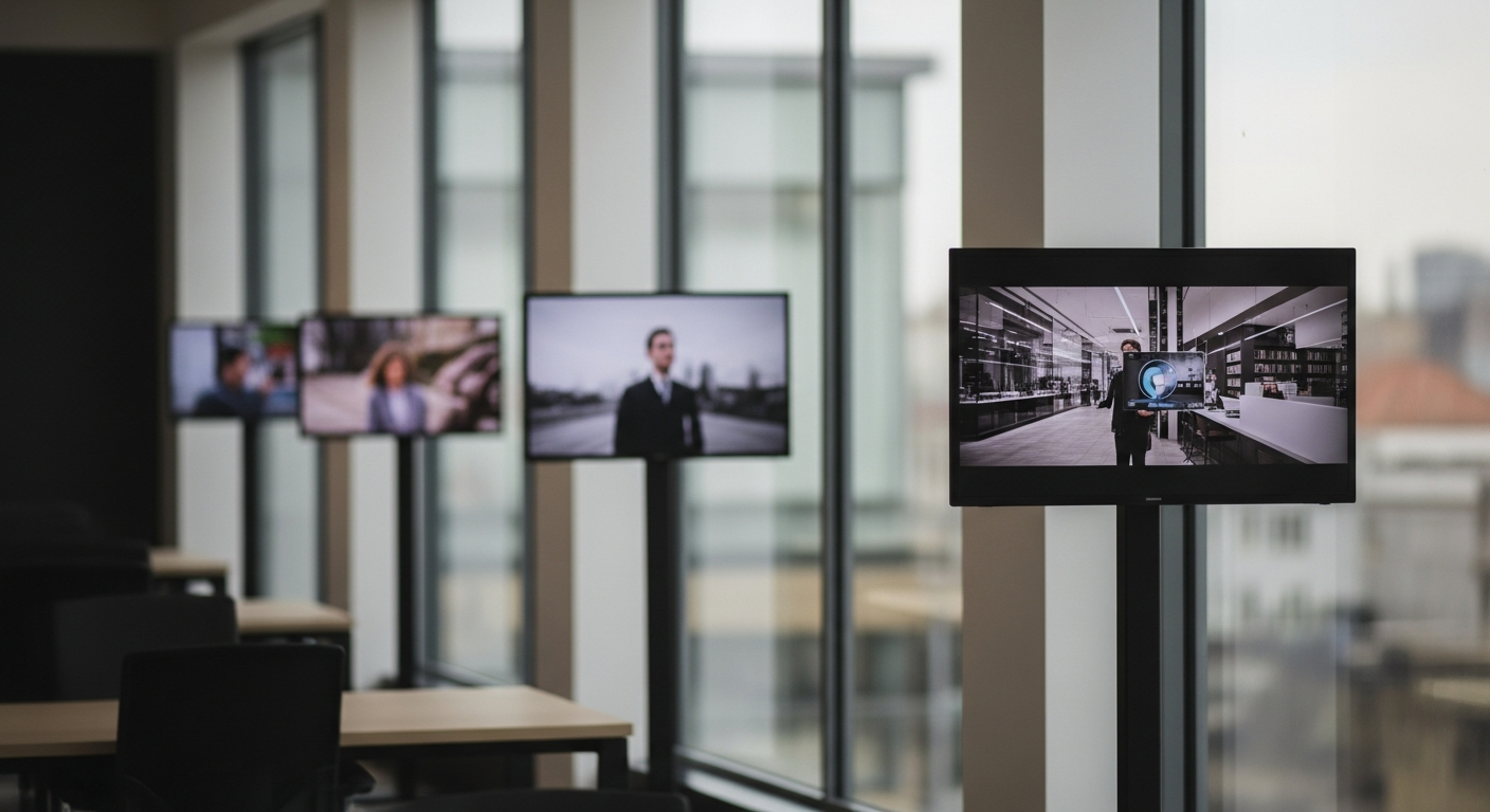 Bürogebäude mit Fotos und Videos im Hintergrund