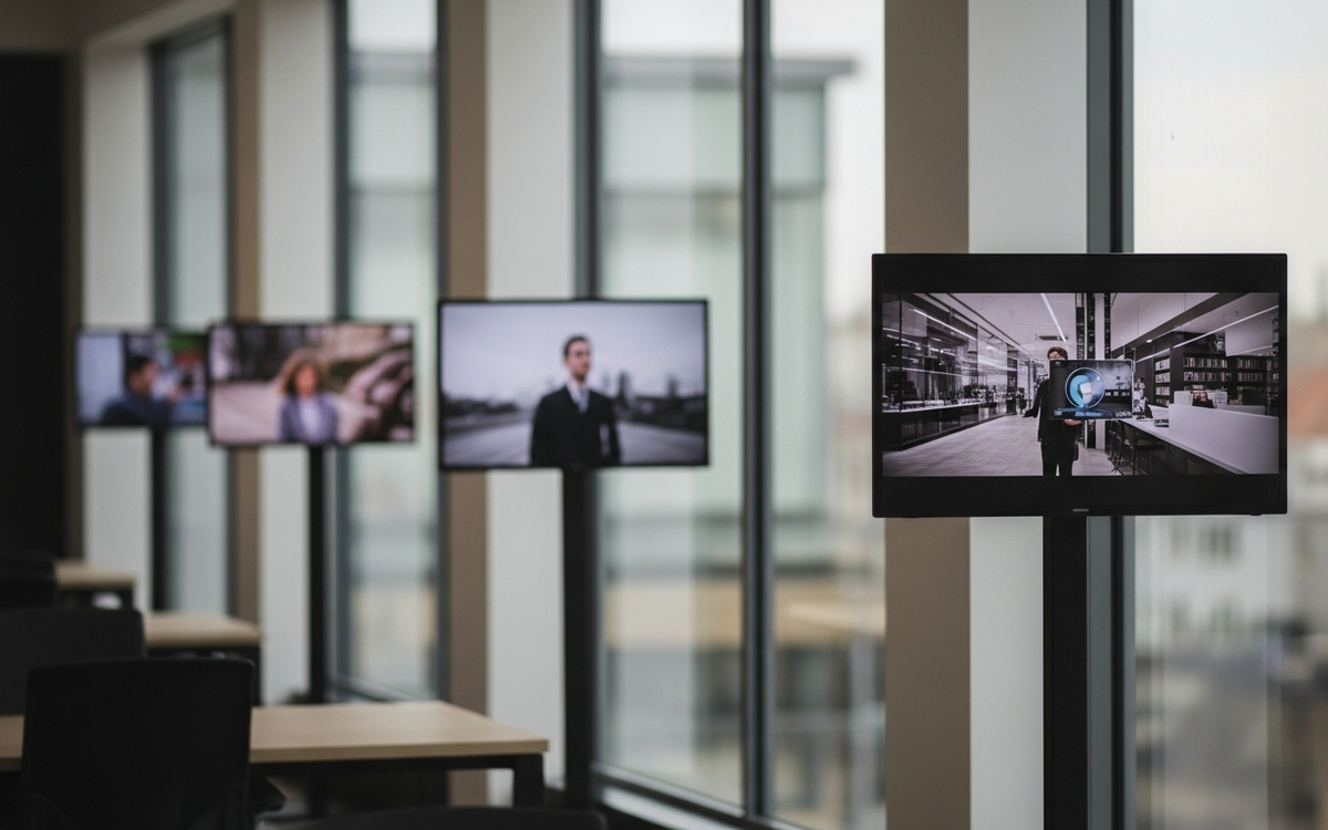 Bürogebäude mit Fotos und Videos im Hintergrund