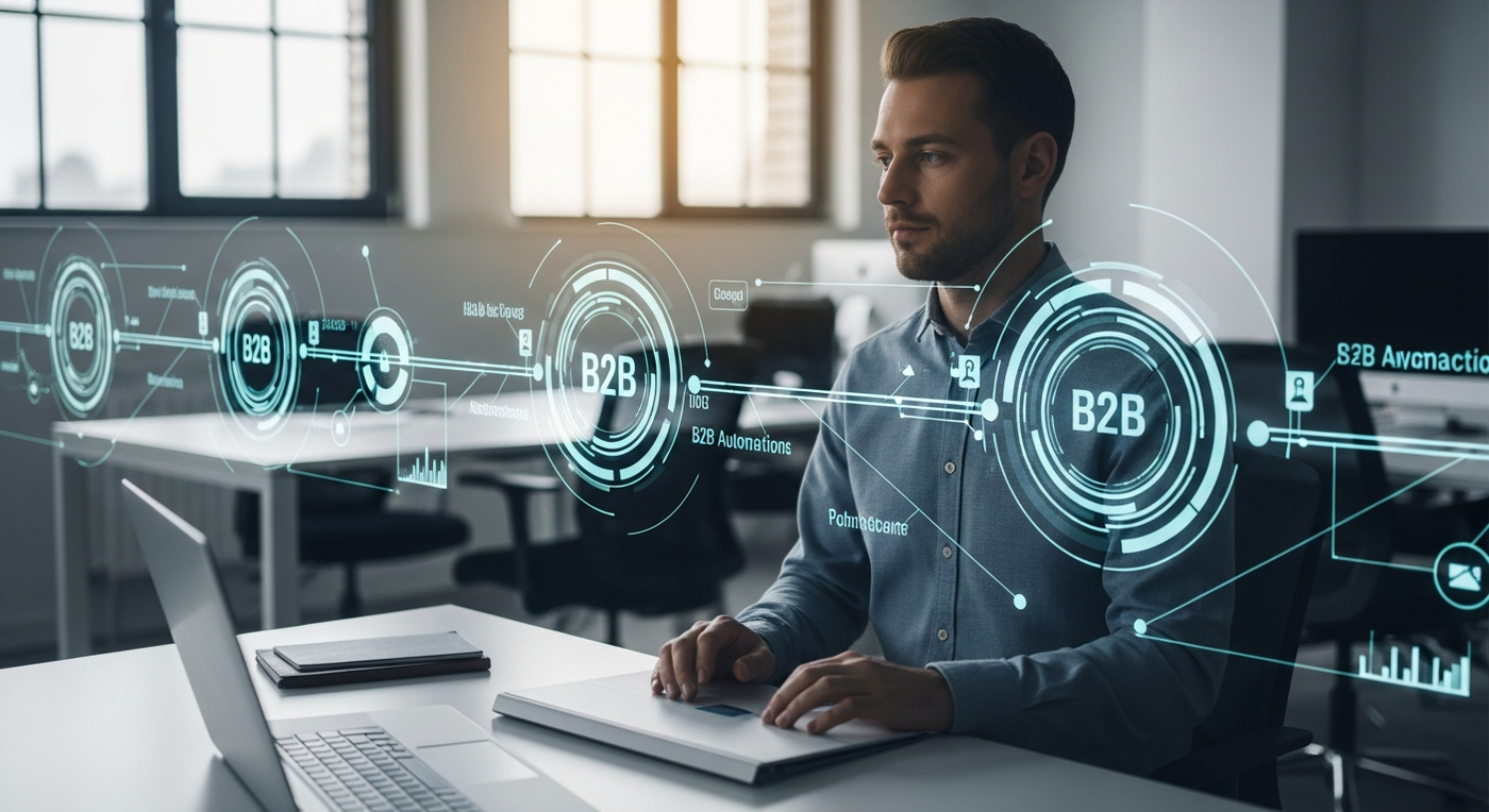 Futuristische Bueroszene mit automatisierten Workflows