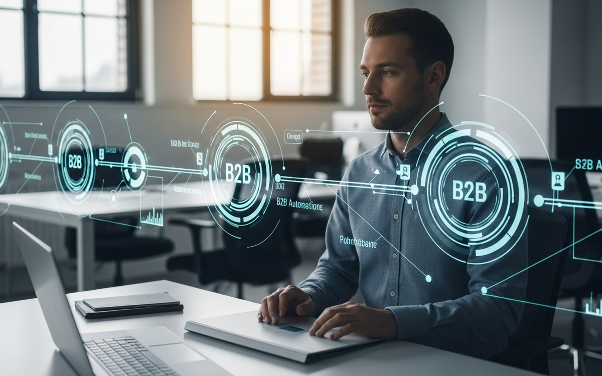 Futuristische Bueroszene mit automatisierten Workflows