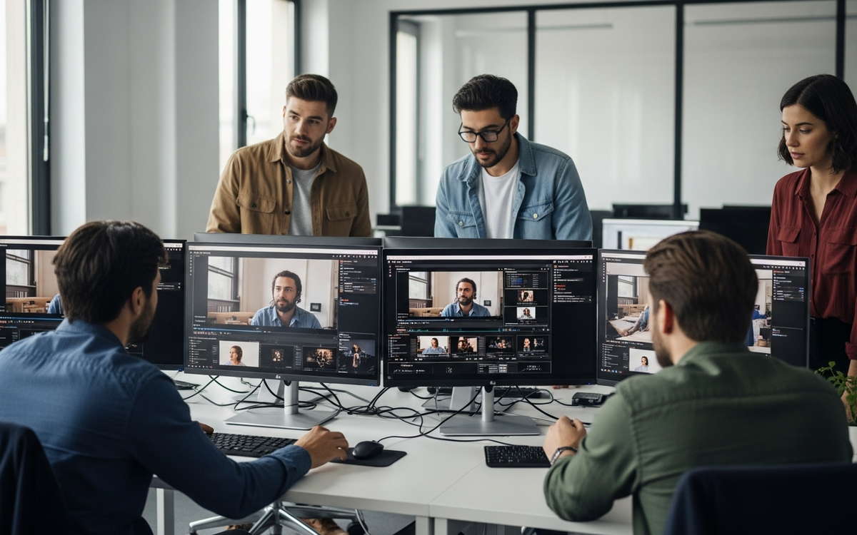 Kreatives Team arbeitet an einem Video-Projekt im Büro