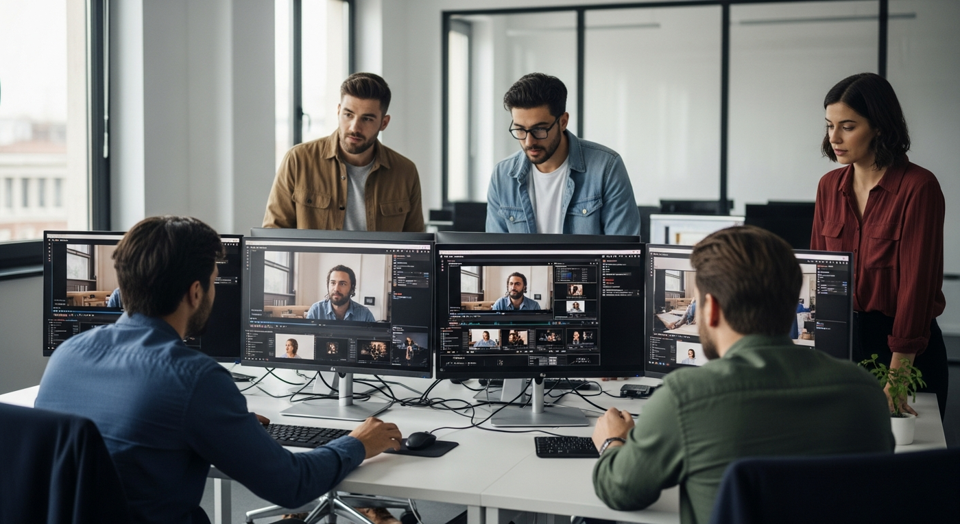 Kreatives Team arbeitet an einem Video-Projekt im Büro