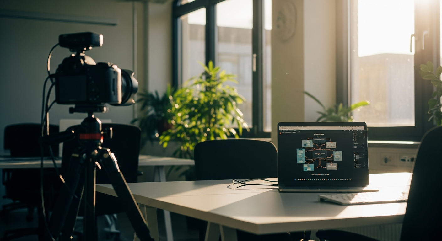 Modernes Büro in Leipzig mit Kamera-Setup und Laptop, der Automatisierungs-Workflows zeigt