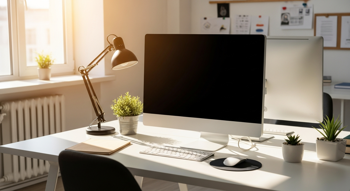 Büroarbeitsplatz im Frühling mit Fokus auf Technologie und Kreativität