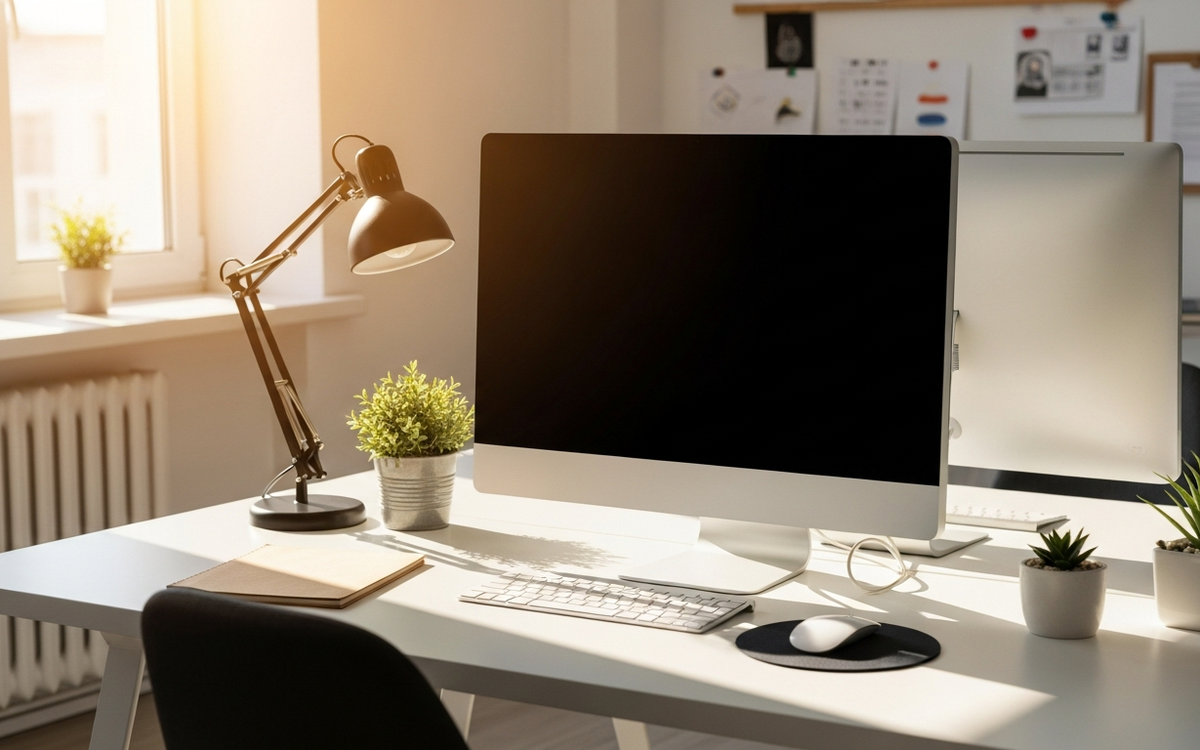 Büroarbeitsplatz im Frühling mit Fokus auf Technologie und Kreativität