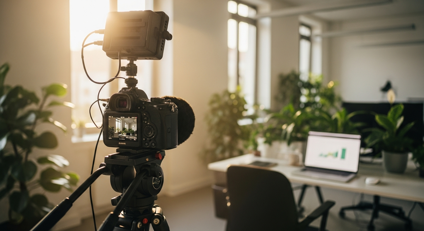 Modernes Büro in Leipzig im Sommer mit professionellem Kamera-Setup für B2B-Medienproduktion.