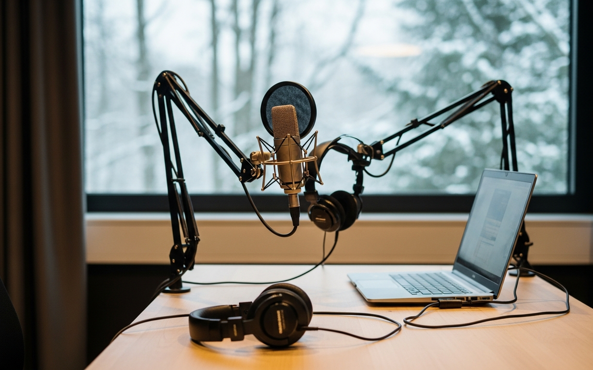 Podcast-Studio mit Winterlandschaft im Hintergrund