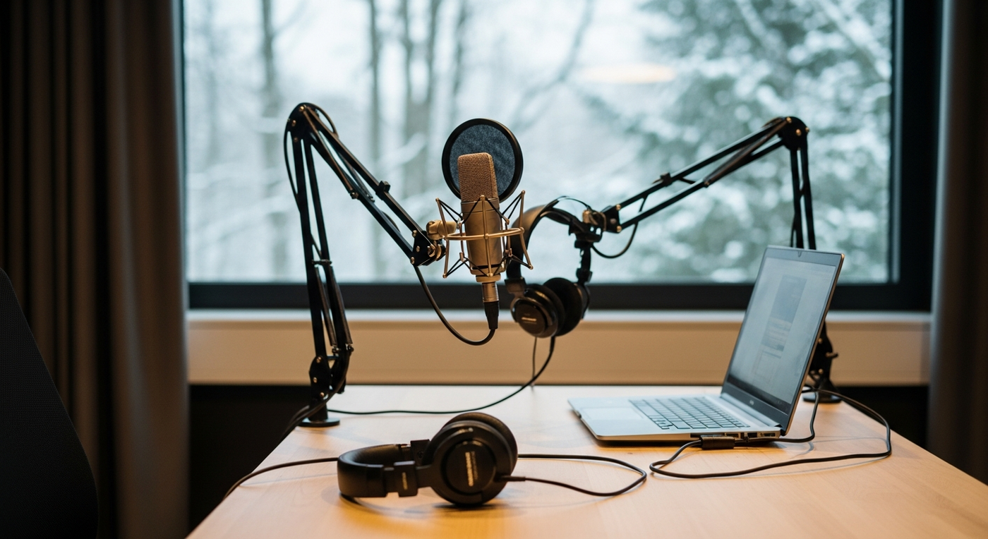 Podcast-Studio mit Winterlandschaft im Hintergrund