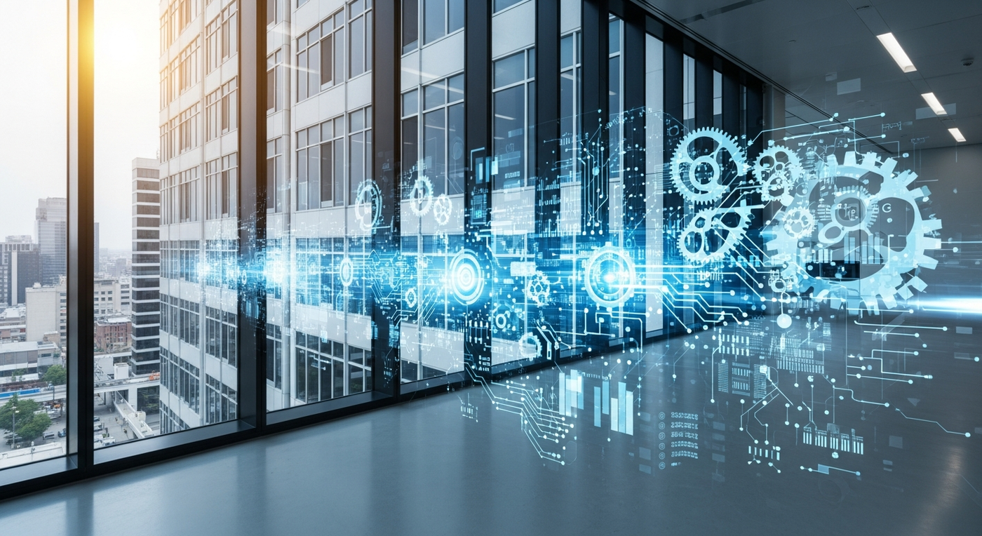 Abstraktes Bild von Datenströmen und Zahnrädern, die Automatisierung im B2B-Bereich darstellen
