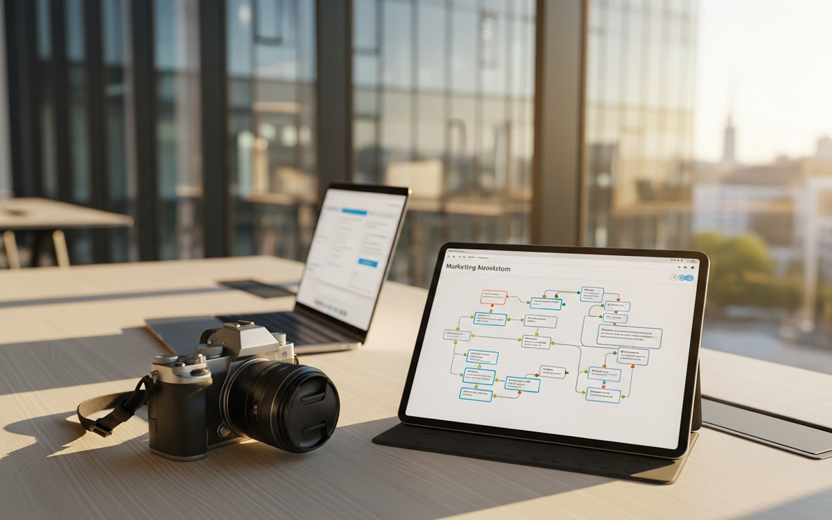 Ein moderner, sonnendurchfluteter Arbeitsplatz mit Kamera und Laptop, auf dem ein Marketing-Automatisierungs-Workflow zu