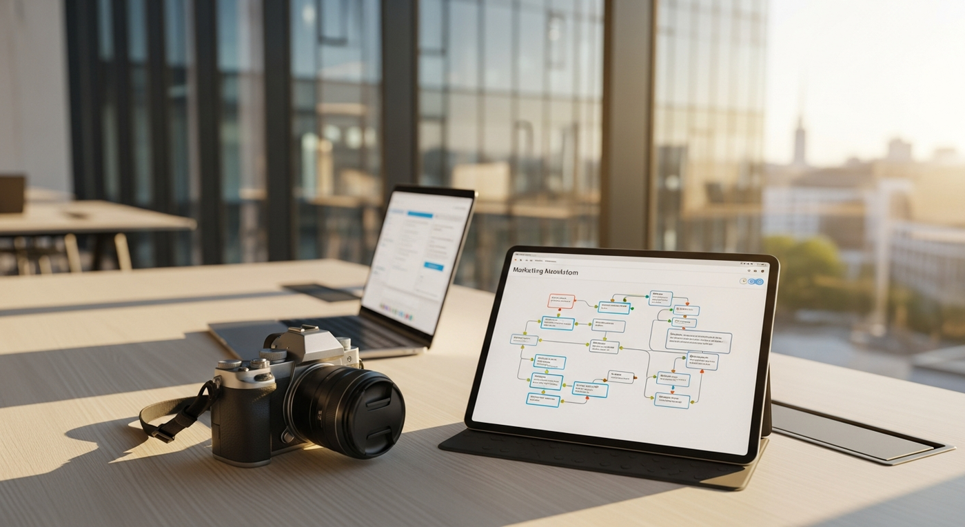 Ein moderner, sonnendurchfluteter Arbeitsplatz mit Kamera und Laptop, auf dem ein Marketing-Automatisierungs-Workflow zu