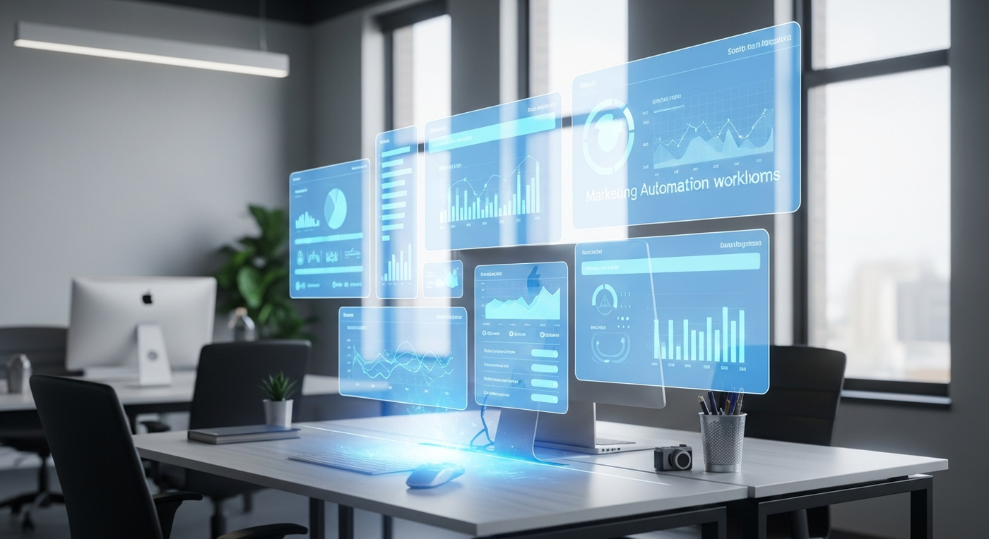 Modernes Büro mit Hologramm-Display für Marketing-Automatisierung