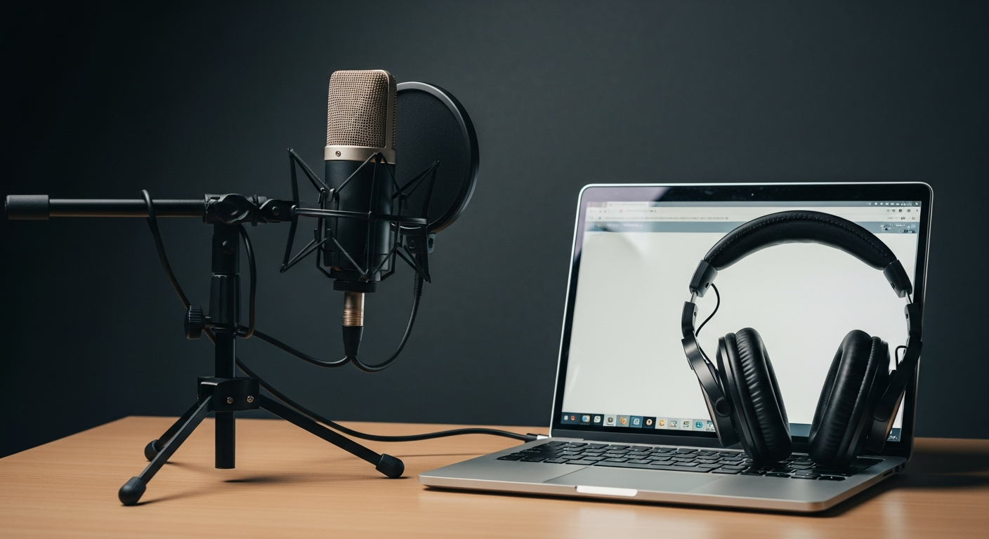 Moderner B2B-Arbeitsplatz mit Laptop, Kamera und Mikrofon zur Darstellung von Marketing-Automatisierung im Sommer 2026.