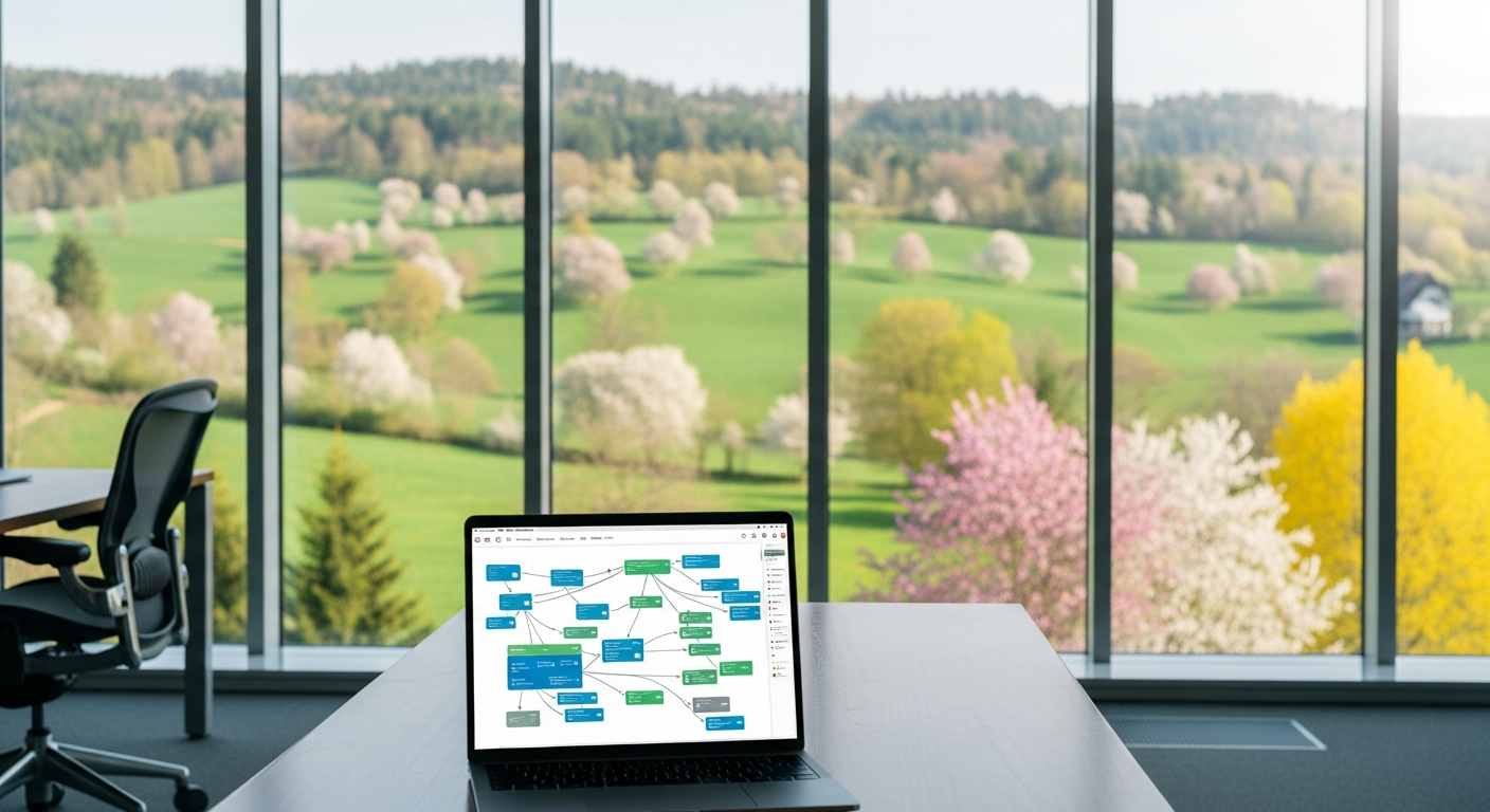 Büro mit Blick auf Frühlingslandschaft und Diagramm zur Marketing-Automatisierung