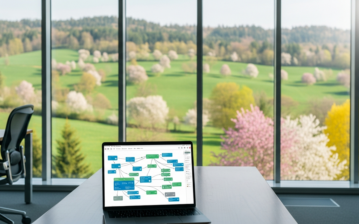 Büro mit Blick auf Frühlingslandschaft und Diagramm zur Marketing-Automatisierung