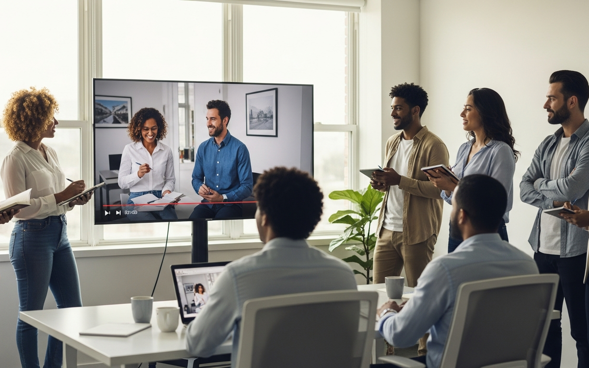 Professionals watching a video presentation in a modern office