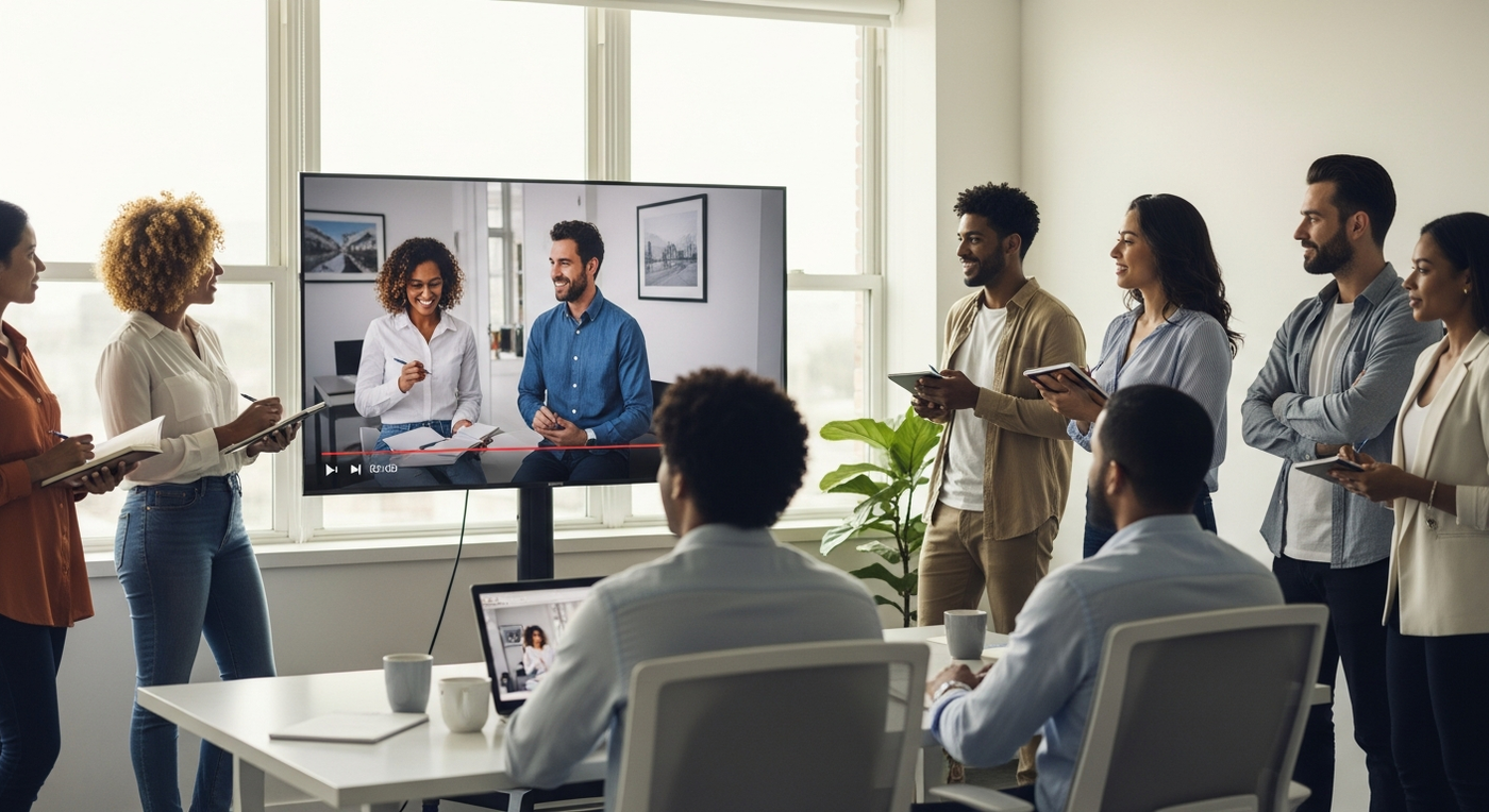Professionals watching a video presentation in a modern office