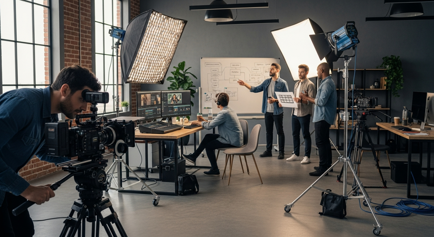 B2B Marketing Team arbeitet an Videoproduktion