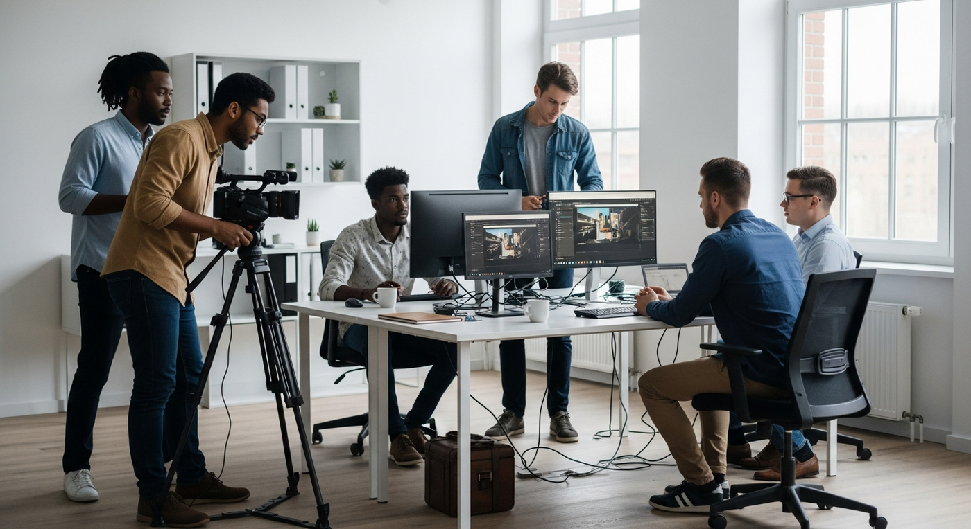 Team arbeitet an Video-Projekt im modernen Büro