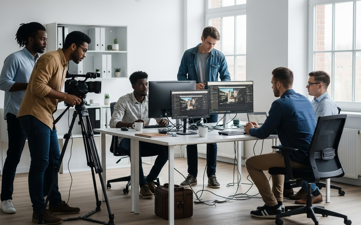 Team arbeitet an Video-Projekt im modernen Büro