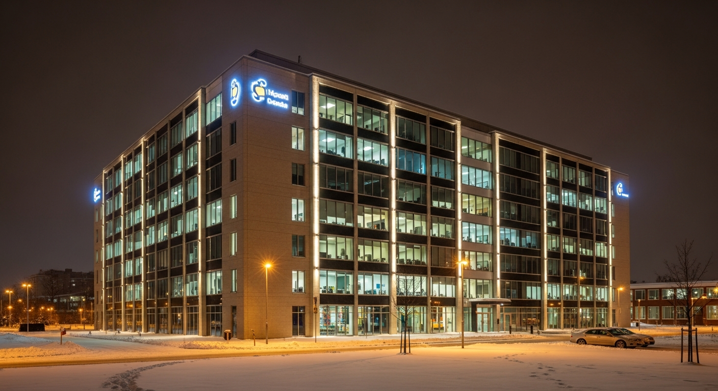 Verschneites Bürogebäude symbolisiert Automatisierung im Winter