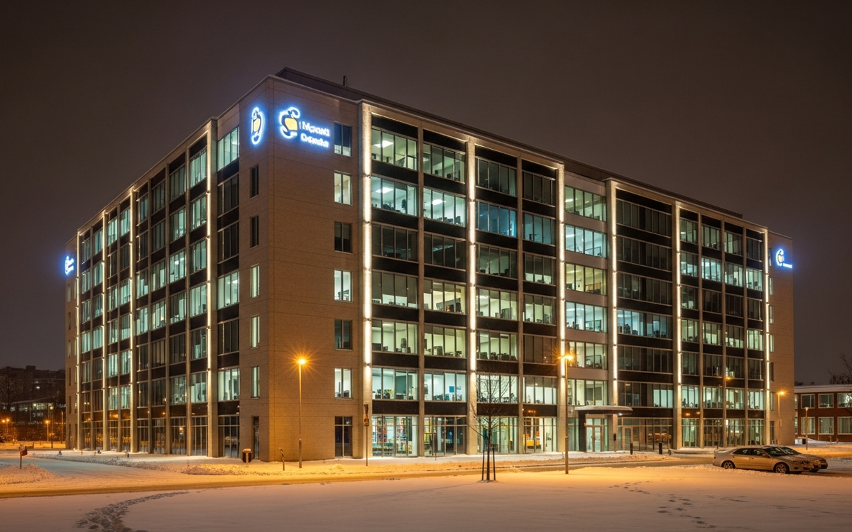 Verschneites Bürogebäude symbolisiert Automatisierung im Winter