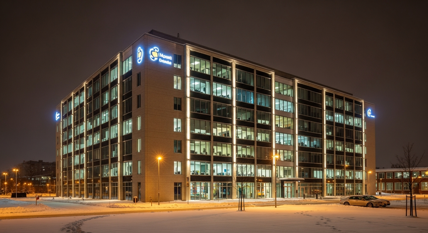 Verschneites Bürogebäude symbolisiert Automatisierung im Winter