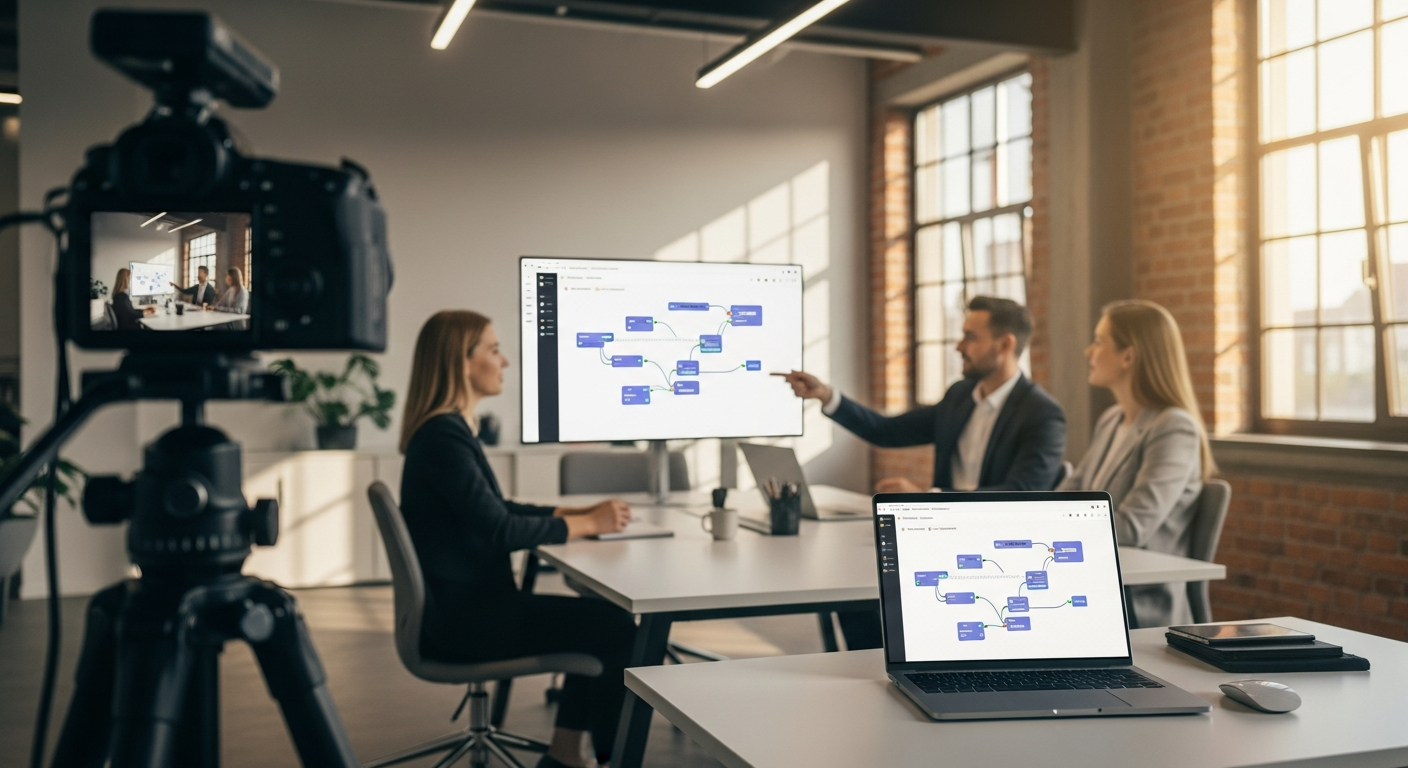 Modernes B2B-Büro in Leipzig mit Kamera-Setup für professionelle Foto- und Videoproduktion im Sommerlicht