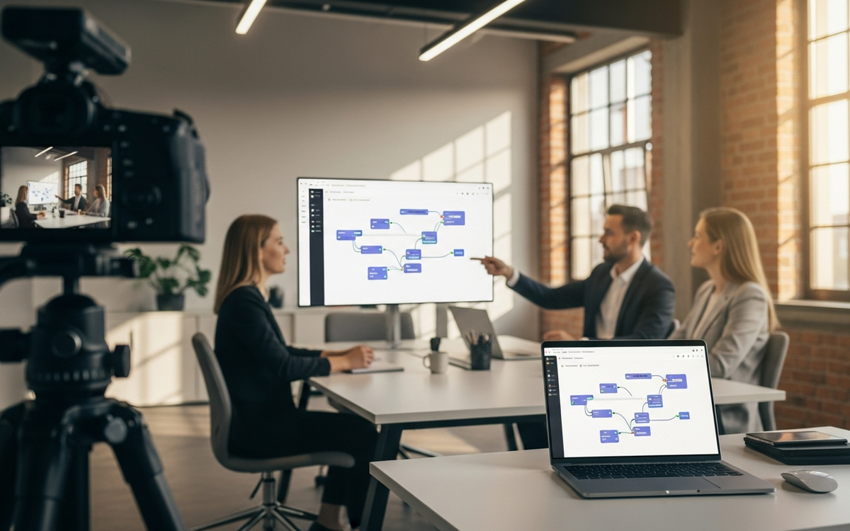 Modernes B2B-Büro in Leipzig mit Kamera-Setup für professionelle Foto- und Videoproduktion im Sommerlicht