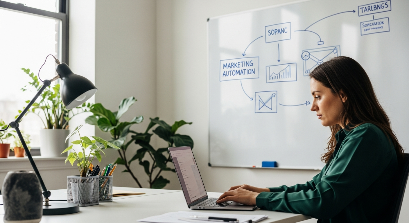 Büro mit Laptop und Marketing-Automatisierungs-Diagrammen