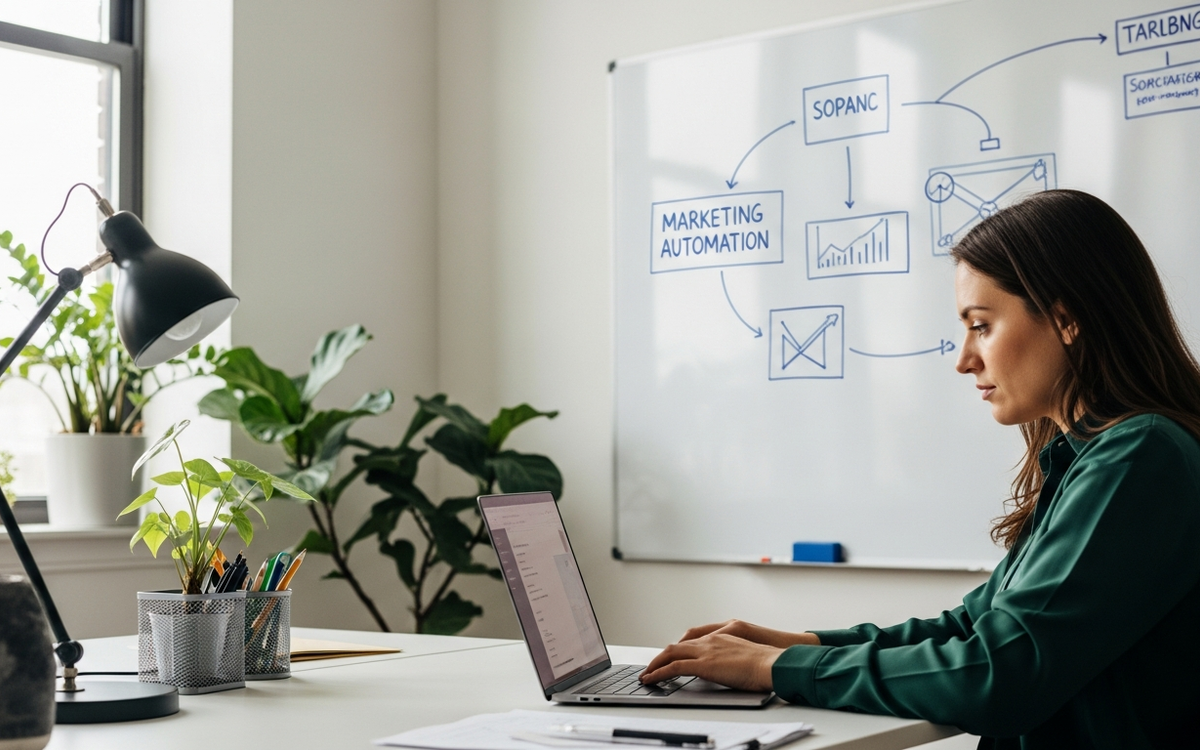 Büro mit Laptop und Marketing-Automatisierungs-Diagrammen