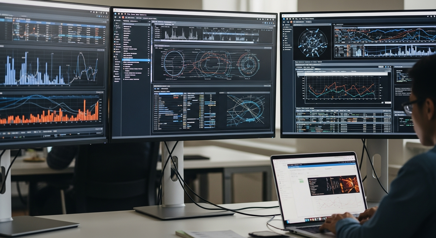 Büro mit Datenvisualisierungen und Person am Laptop, Fokus auf Automatisierung