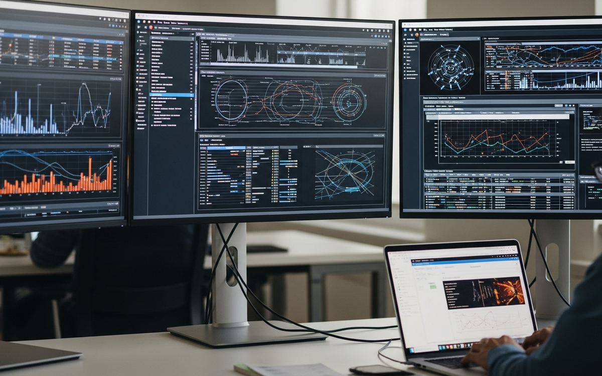 Büro mit Datenvisualisierungen und Person am Laptop, Fokus auf Automatisierung