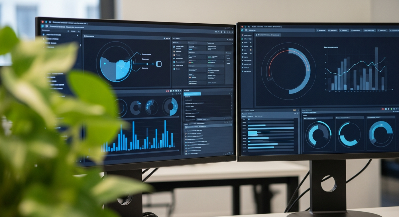 Büro mit Bildschirmen, die Automatisierungsprozesse darstellen