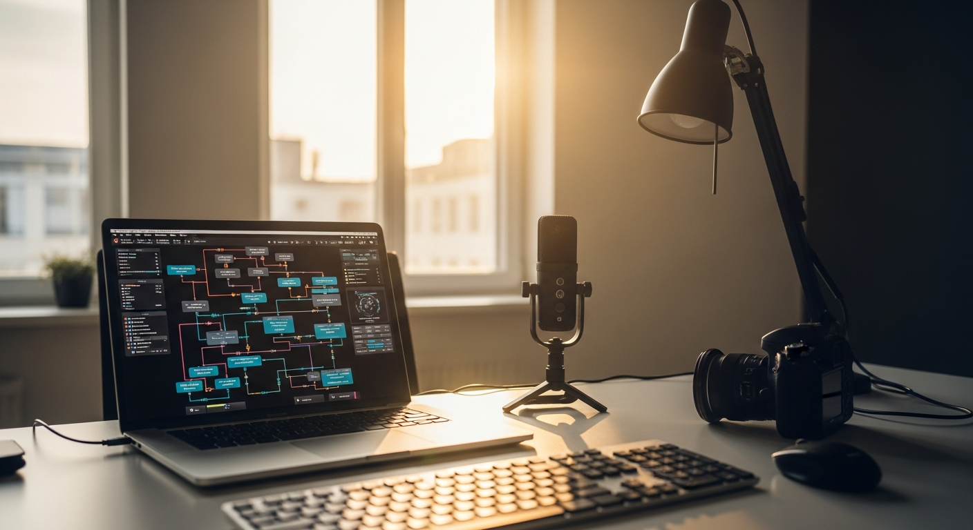 Automatisierter B2B-Marketing-Arbeitsplatz im Sommer mit modernem Kamera-Equipment und Workflow-Software