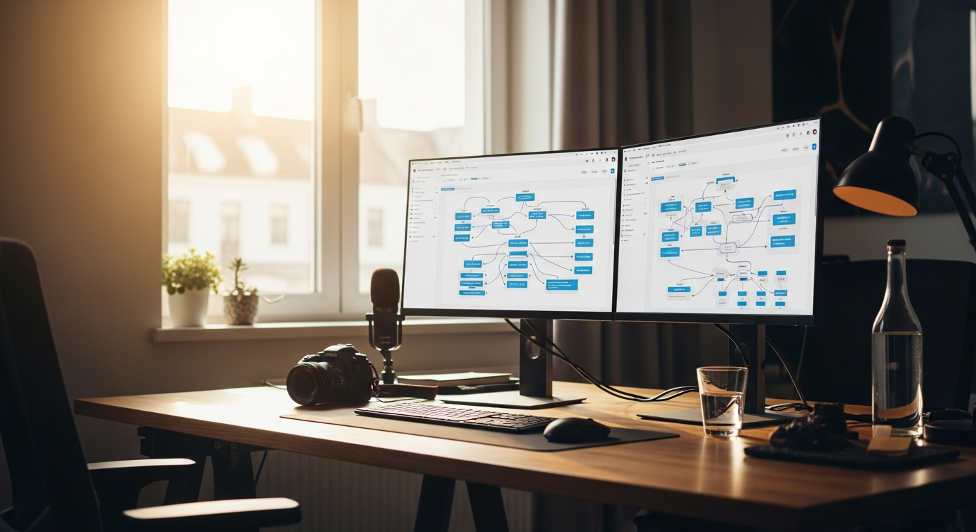 Moderner B2B-Arbeitsplatz mit Monitoren, die automatisierte Marketing-Workflows und Content-Pipelines für den Sommer 202