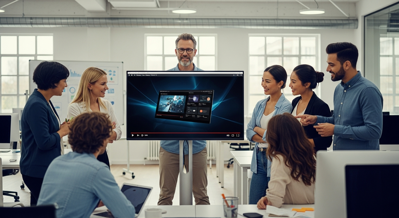 B2B-Team präsentiert Video auf grossem Monitor