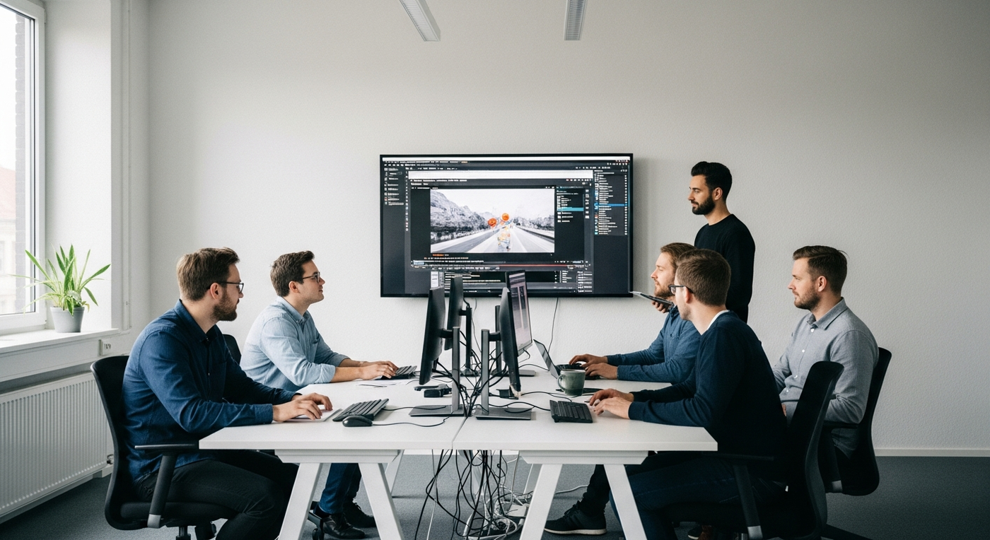 Team arbeitet an visueller Marketingstrategie im Büro