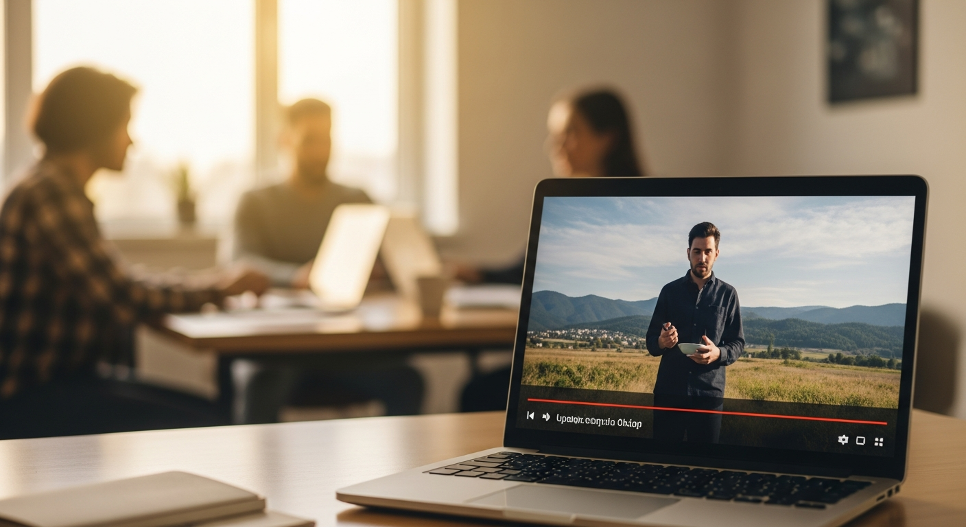 Frühlingshafte Bürolandschaft mit Laptop und Video